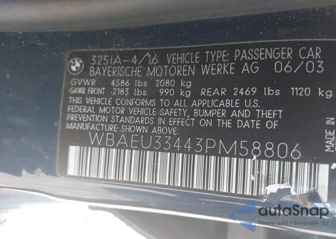 2003 BMW 325 Xi из США, поврежденный, VIN WBAEU33443PM58806